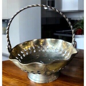Brass Metal Gold Color basket w/ scalloped edge twisted handle 5” Vintage India